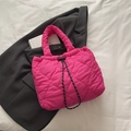 Rose red quilted tote bag with heart patterns and black drawstring detail - Rose Pink