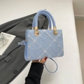 Light blue square handbag with woven texture and white floral embroidery - Blue