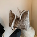 Brown and beige geometric pattern tote bag with wide decorative strap variant - Brown