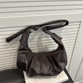 Dark brown pleated PU leather crescent bag with wide shoulder strap and metal ring - Brown