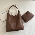 Sac cabas rétro en cuir ciré marron café avec une pochette zippée assortie - Marron
