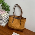 Bolso tote vintage de ante jengibre con costuras de diamantes y correas de cuero marrón - Marrón