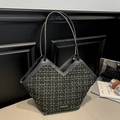 Retro tweed tote tas met ruitpatroon en lederen handvatten voor stijlvol werk - Zwart