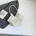 Bolso tote chic a cuadros beige con correas de cuero sintético y cinta decorativa - Blanco
