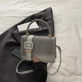 Gray patchwork crossbody bag with glitter flap and rhinestone handle for casual wear - Silver