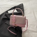 Pink patchwork crossbody square bag with tweed texture flap and golden hardware - Pink
