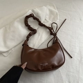 Brown faux leather crescent bag with ruched shoulder strap and fashion print - Brown