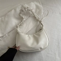 Minimalist cream white crescent bag with fashion print and elegant pleated handle detail - White