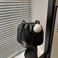 Minimalist black glossy shoulder bag with a white fluffy keychain charm for women - With Pendant / Black