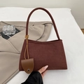 Retro burgundy corduroy shoulder bag with small leather pouch charm and soft texture - Brown