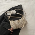 Beige underarm bag with M-letter print, gold metal logo and chain strap detail - White