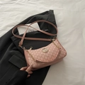 Pink underarm bag with M-letter print, gold logo, and decorative metal chain strap - Pink