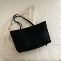 Classic black leopard print velvet tote bag with spacious interior and slim shoulder straps - No Pendant / Black
