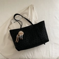 Black leopard print tote bag with plush charm on minimalist textured background - With Pendant / Black