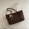 Dark brown tote bag with subtle leopard print texture and decorative plush charm pendant - With Pendant / Brown