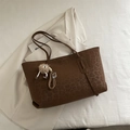 Deep brown leopard print tote bag in suede texture with a cute plush monster charm - With Pendant / Brown