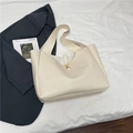 Bolso tote minimalista de cuero beige con elegante decoración de anillo dorado - Blanco Roto