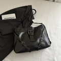 Bolso tote minimalista grande de cuero negro con correas con hebilla para moda femenina - Negro