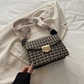 French vintage tweed plaid underarm bag with embroidered wide strap in brown and black - Black