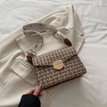 Chic tweed shoulder bag in brown and beige with vintage floral embroidery strap - Brown
