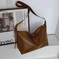 Brown faux leather large tote bag with adjustable wide strap and gold buckle - Brown