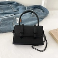 Minimalist black crossbody bag with cross-grain leather texture and chain strap - Black