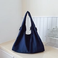 Dark blue large capacity nylon tote bag with drawstring knot and wide shoulder strap - Dark Blue