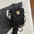Black bohemian suede crossbody bag with gold rivets, fringe details and crystal buckle - Black