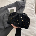 Chic black leopard cloud bag with gold studs and pleated design for fashion women - Black