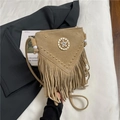 Bohemian khaki suede crossbody bag with vintage rivets and elegant tassel accents - Khaki