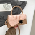 Camel leather tote bag with pink croc-effect flap and golden geometric metal buckle - Pink