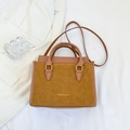 Chic ginger yellow suede contrast tote bag with top handle and golden logo detail - Brown