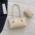 Grande borsa tote color crema con pochette abbinata e dettagli logo di moda - Set da 2 pezzi (borsa principale + pochette) / Cachi