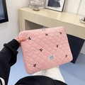 Pochette d'ordinateur en nylon rose matelassé avec broderies de nœuds noirs élégants - Rose Petit