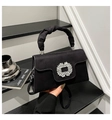 Elegant black suede handbag with diamond buckle and pleated scrunchie handle for women - Black