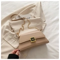 Beige pillow shoulder bag with gold M-logo buckle and leather chain strap for women - Khaki