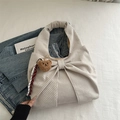 Cream white corduroy tote bag with large bow design and plush bear keychain - Beige With Pendant