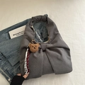 Gray corduroy tote bag in a large bow shape with a cute plush bear pendant accessory - Grey With Pendant