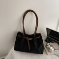 Retro black faux suede tote bag with brown leather straps and metal buckle closure - Black
