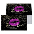 Detailed view of luxury black thank you cards with gold foil and purple lip prints - Purple Glitter Lip Print Style (A)