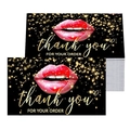 Close-up of black thank you cards featuring red lips and gold bokeh dots for business orders - Gold Red Lip Print Style (B)