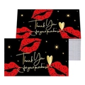 Macro shot of black thank you cards featuring red lip prints and gold foil lettering - Red Lip Print Thank You Style (C)