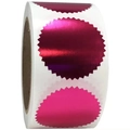 Detailed macro view of deep pink metallic gear-shaped stickers with mirror finish on roll - Circular Serrated / Rose Gold Red