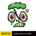 Détail de l'autocollant monstre Halloween 15x15CM avec visage vert et coutures - Visage de Zombie Vert (WSF02)