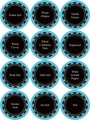 Griglia dettagliata con 12 etichette da cucina impermeabili con scritte bianche su nero - 1 Foglio / Bordo Blu Nomi di Erbe (Stile 1)