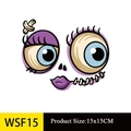 Détail de l'autocollant visage de monstre Halloween DIY avec dimensions 15x15cm - Visage Étrange aux Sourcils Épais Violets (WSF15)