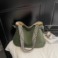 Dark green corduroy tote bag with black and white woven wide strap for women - Green