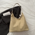 Minimalist beige hobo tote bag with wooden bead charm on white bedding with blazer - With Pendant / Khaki