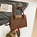 Retro dark brown matte leather handbag with golden square lock and top handle - One Size / Brown