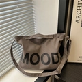 Borsa a tracolla in tela retrò grigio caffè con stampa MOOD e tracolla regolabile pratica - Grigio